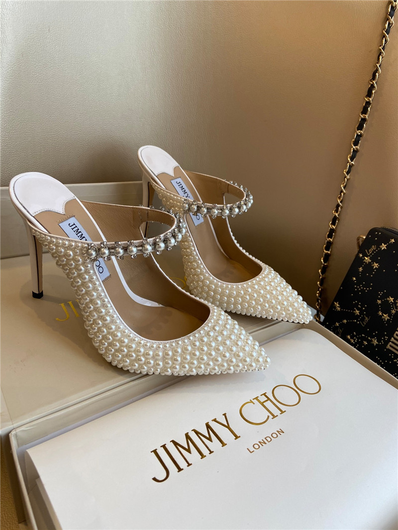 J1m*y Ch00 bing 100 white patent mules with all-over pearls