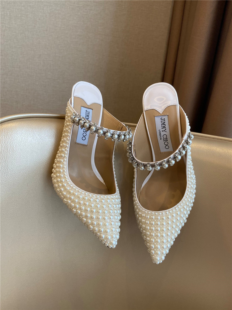 J1m*y Ch00 bing 100 white patent mules with all-over pearls