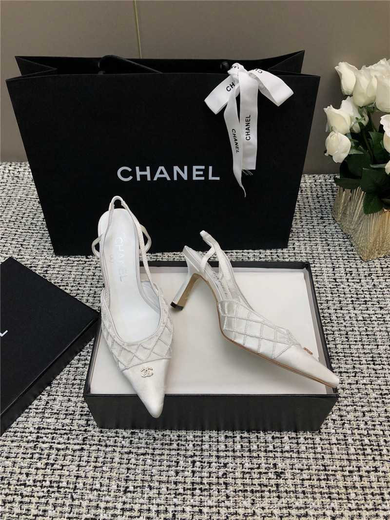 Ch**el white satin beaded slingback pumps