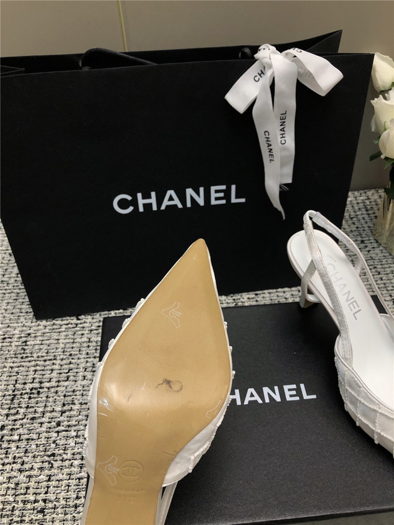 Ch**el white satin beaded slingback pumps