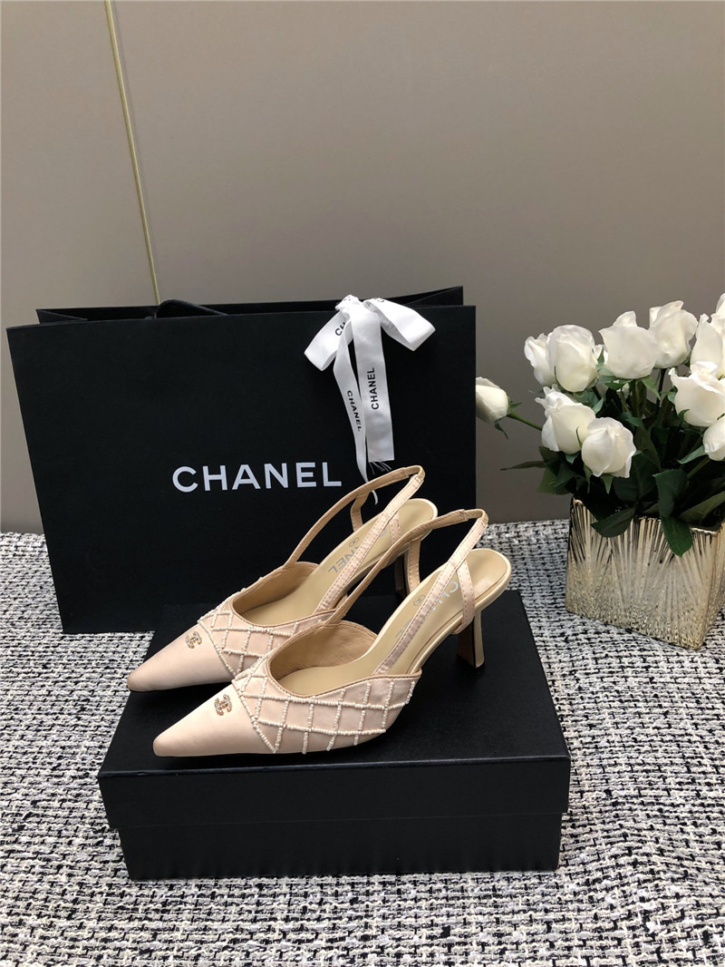 Ch**el beige satin beaded slingback pumps
