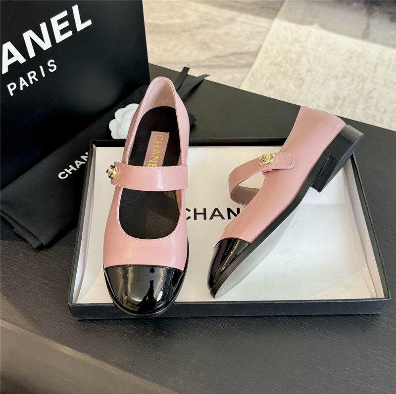 Ch**el gold interlock mary janes in pink and black calfskin