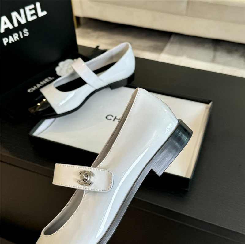 Ch**el silver interlock mary janes in white patent calfskin