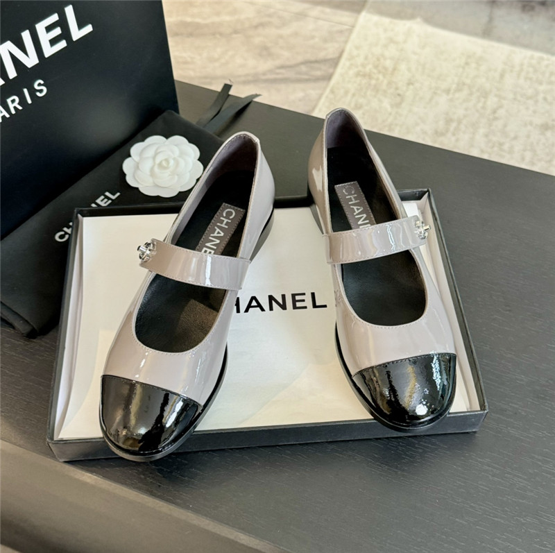 Ch**el silver interlock mary janes in grey patent calfskin