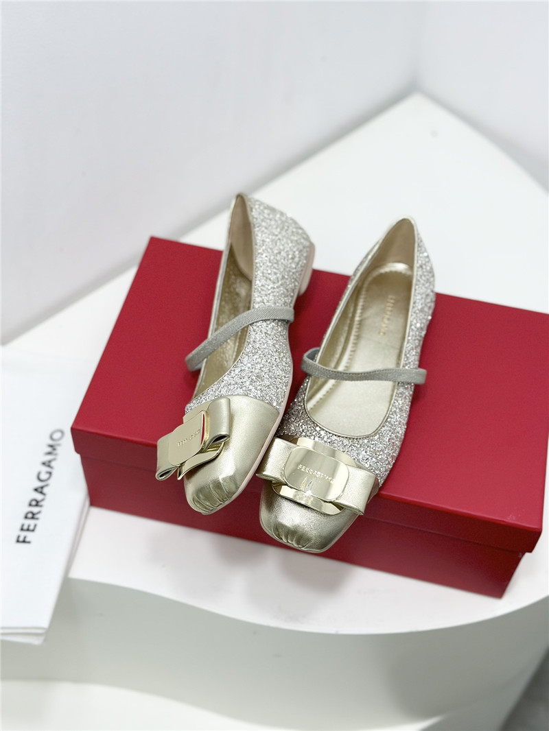 Ferragamo New Vara Plate Ballet Flat Silver Silk and Glitters