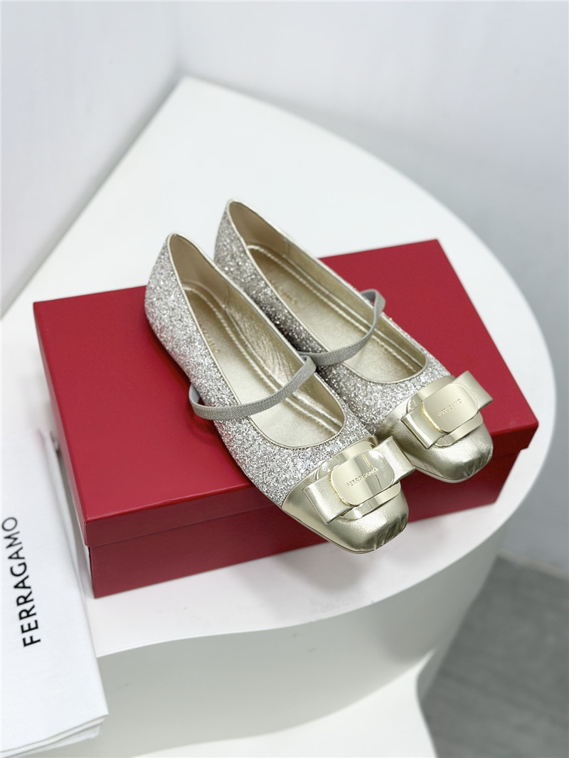 Ferragamo New Vara Plate Ballet Flat Silver Silk and Glitters