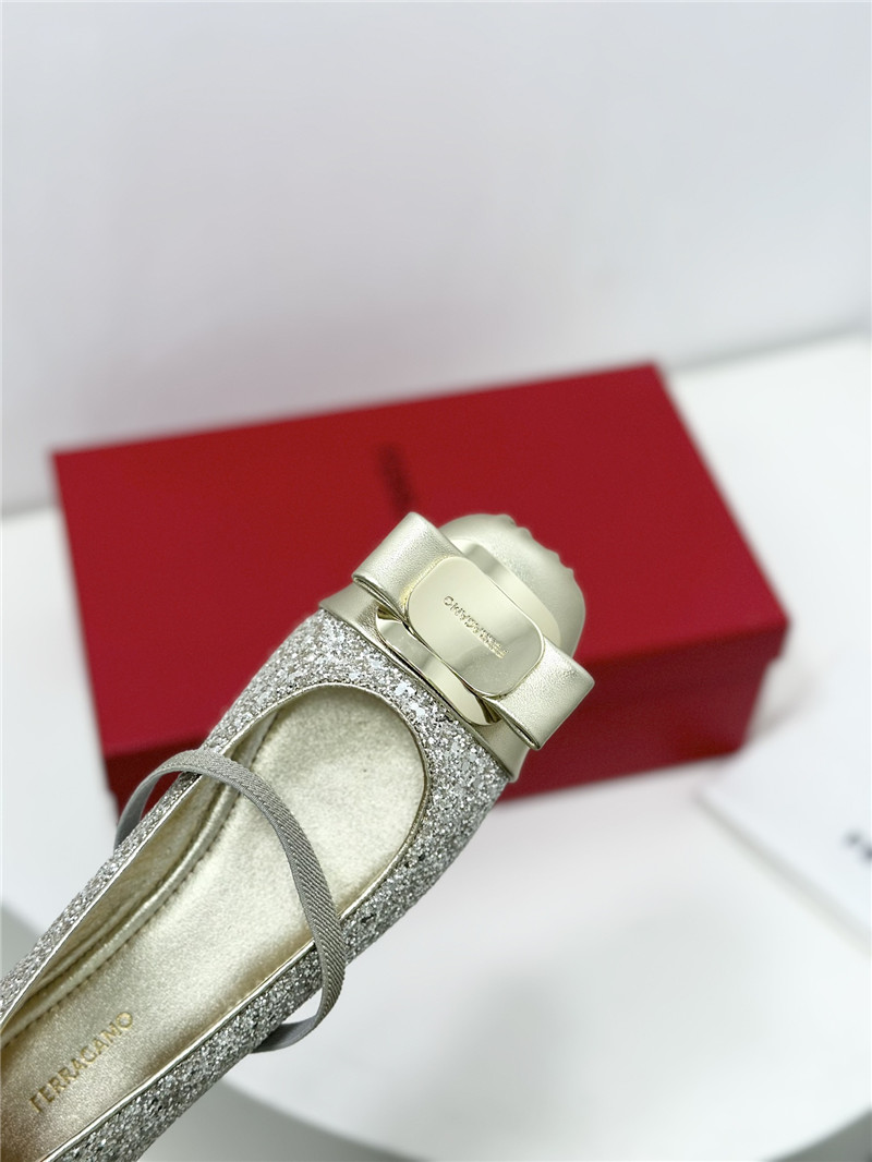 Ferragamo New Vara Plate Ballet Flat Silver Silk and Glitters