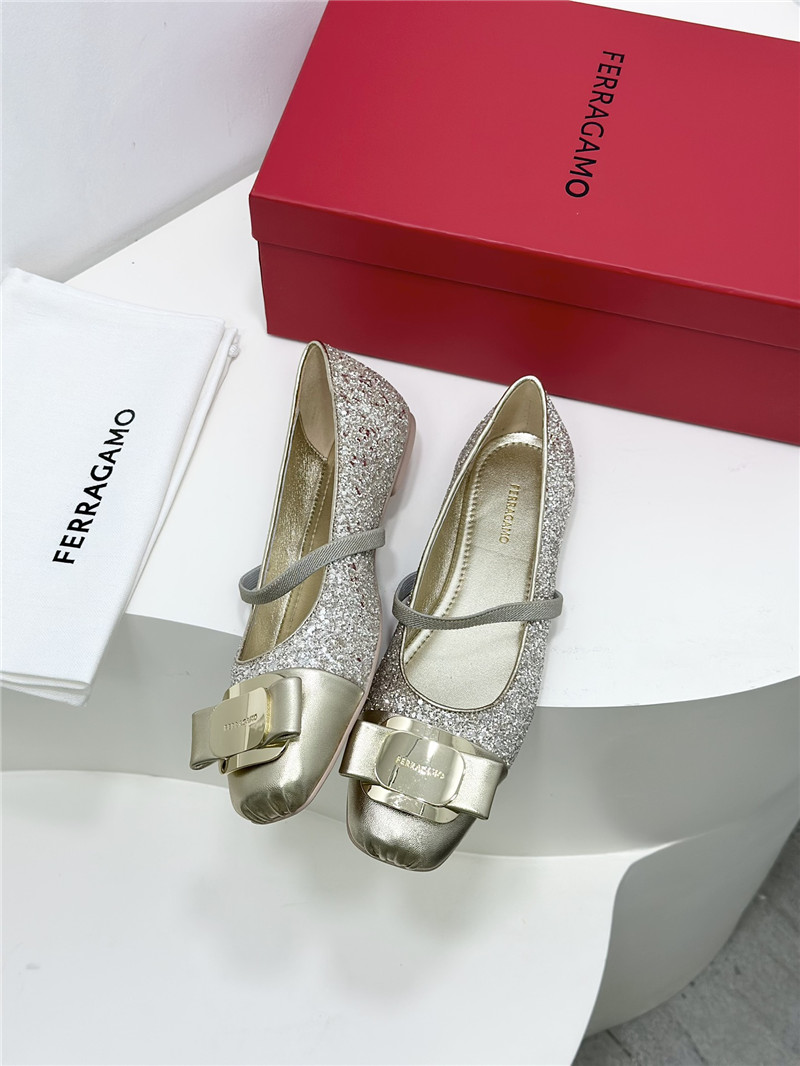 Ferragamo New Vara Plate Ballet Flat Silver Silk and Glitters