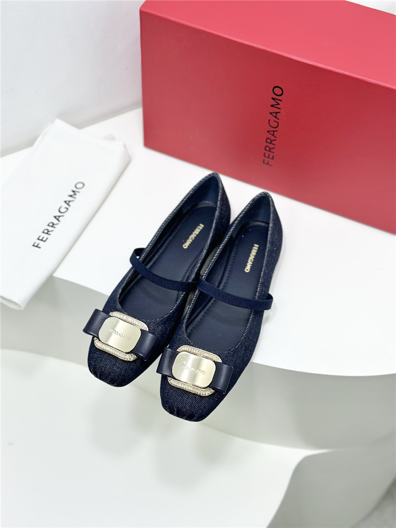 Ferragamo New Vara Plate Ballet Flat Navy Blue Fabric
