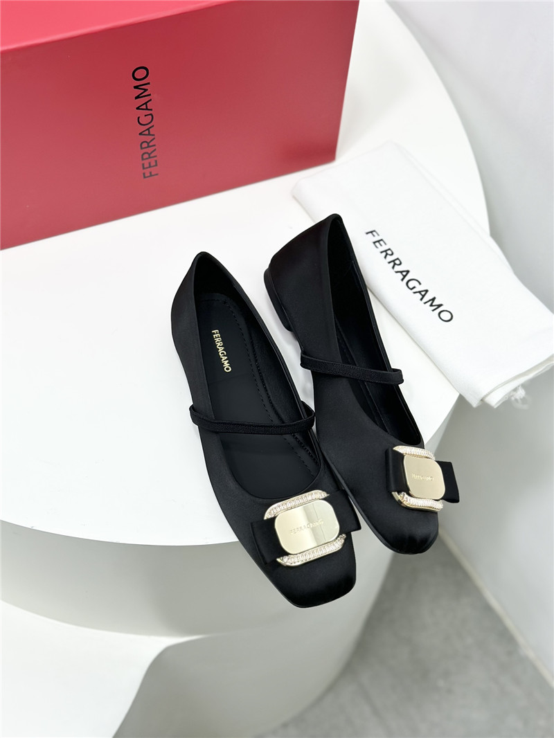 Ferragamo New Vara Plate Ballet Flat Black Silk