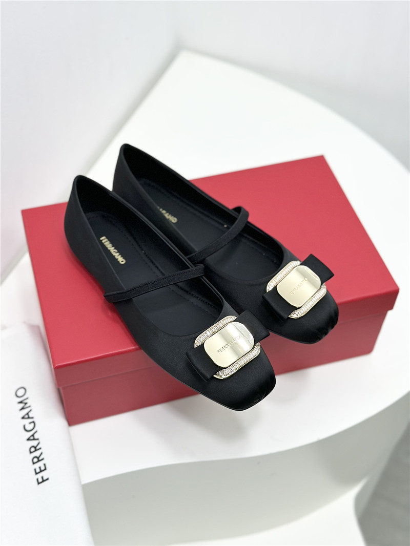 Ferragamo New Vara Plate Ballet Flat Black Silk