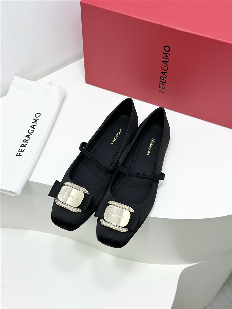 Ferragamo New Vara Plate Ballet Flat Black Silk