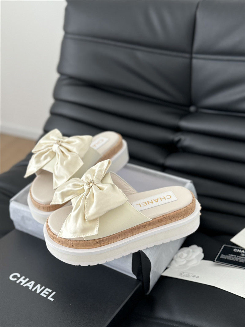 Ch**el silk bow leather platform sandals with crystal Ch**el ivory