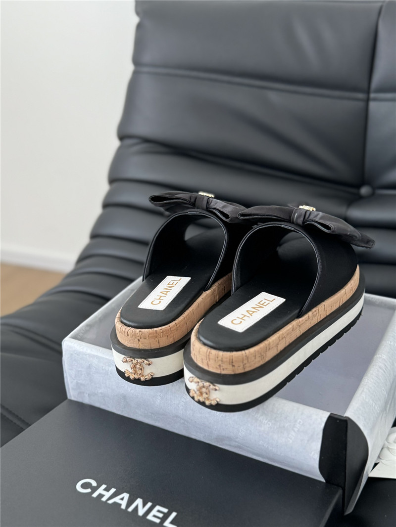 Ch**el silk bow leather platform sandals with crystal Ch**el black