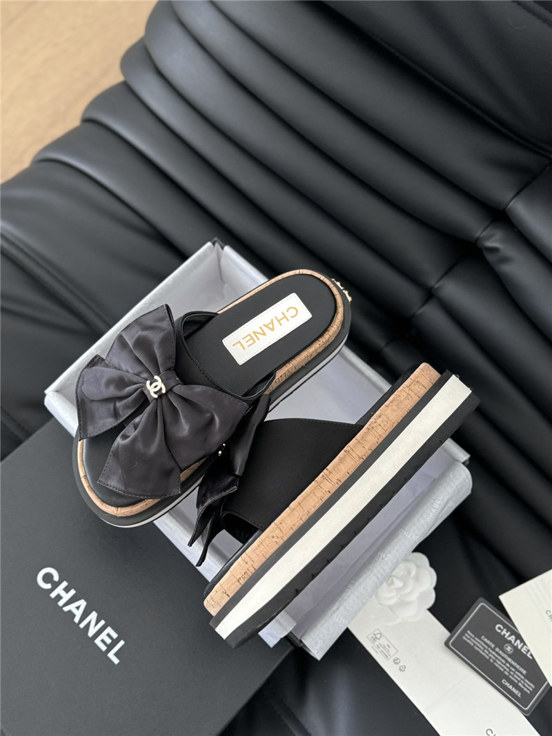 Ch**el silk bow leather platform sandals with crystal Ch**el black