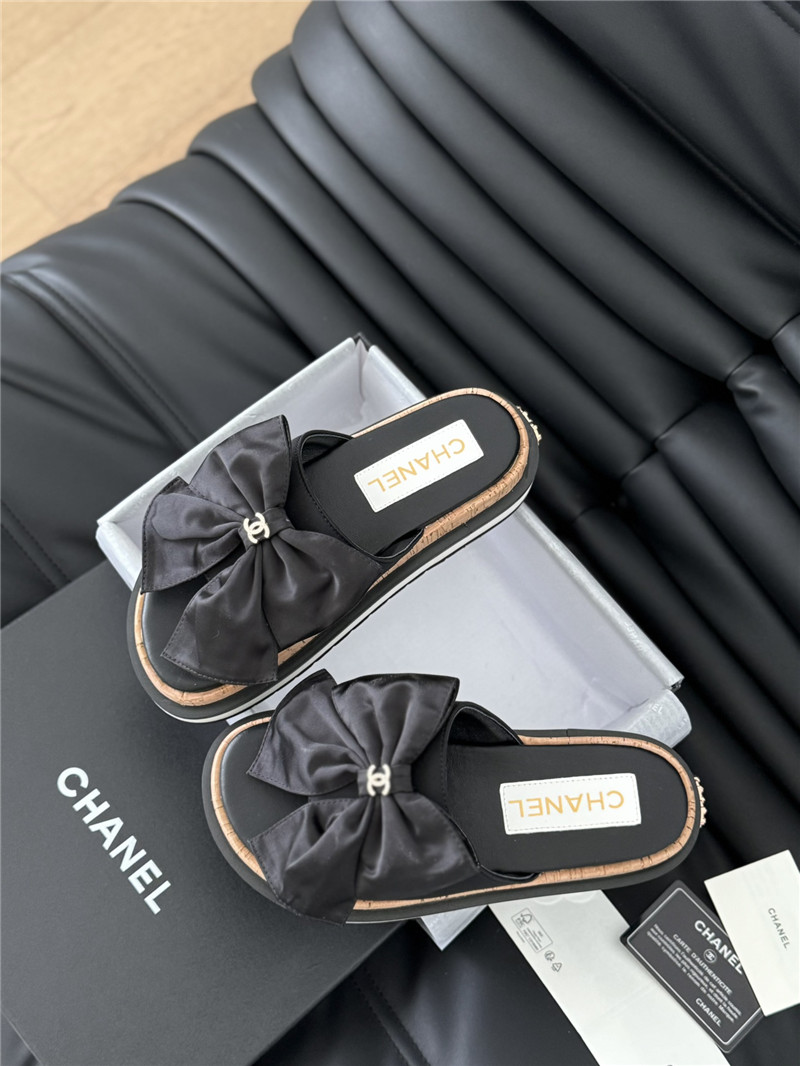Ch**el silk bow leather platform sandals with crystal Ch**el black
