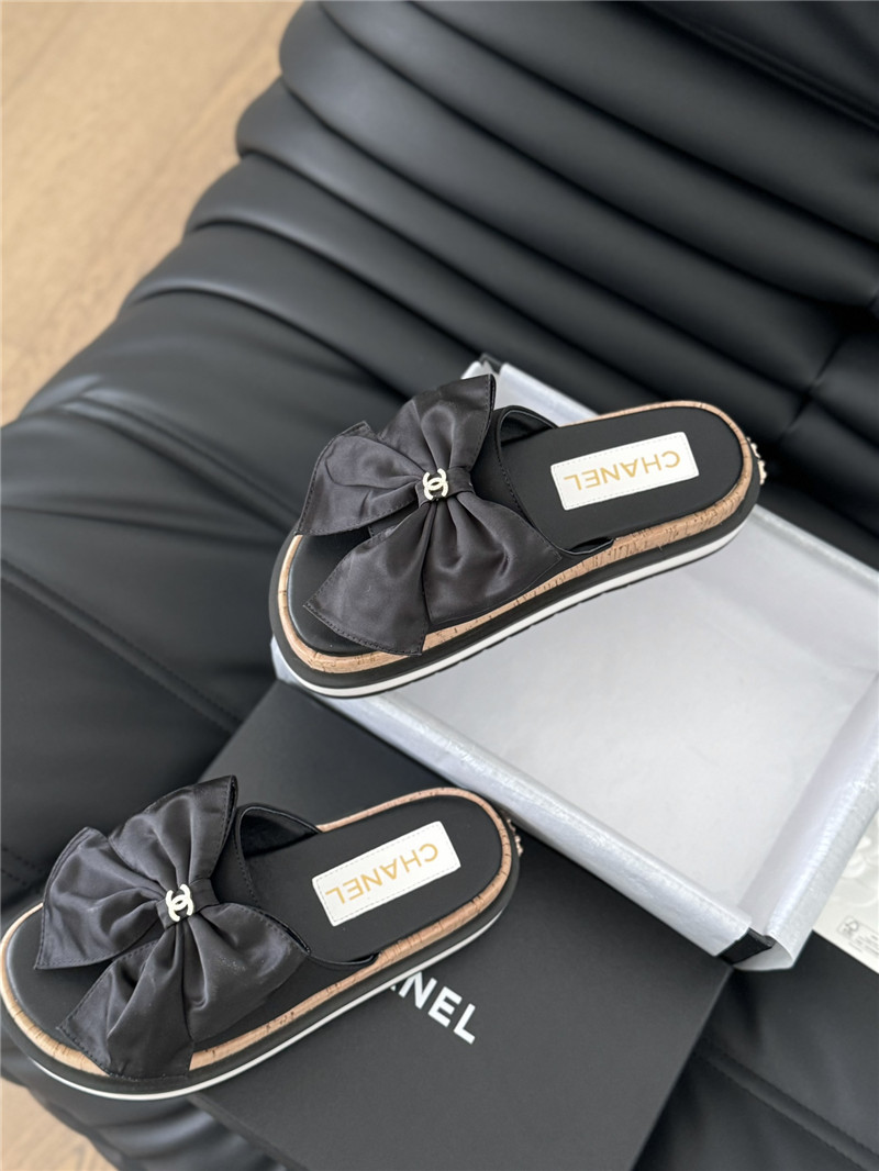 Ch**el silk bow leather platform sandals with crystal Ch**el black