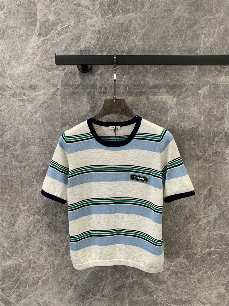 M1um1u round neck striped knitted short-sleeved top replica clothes