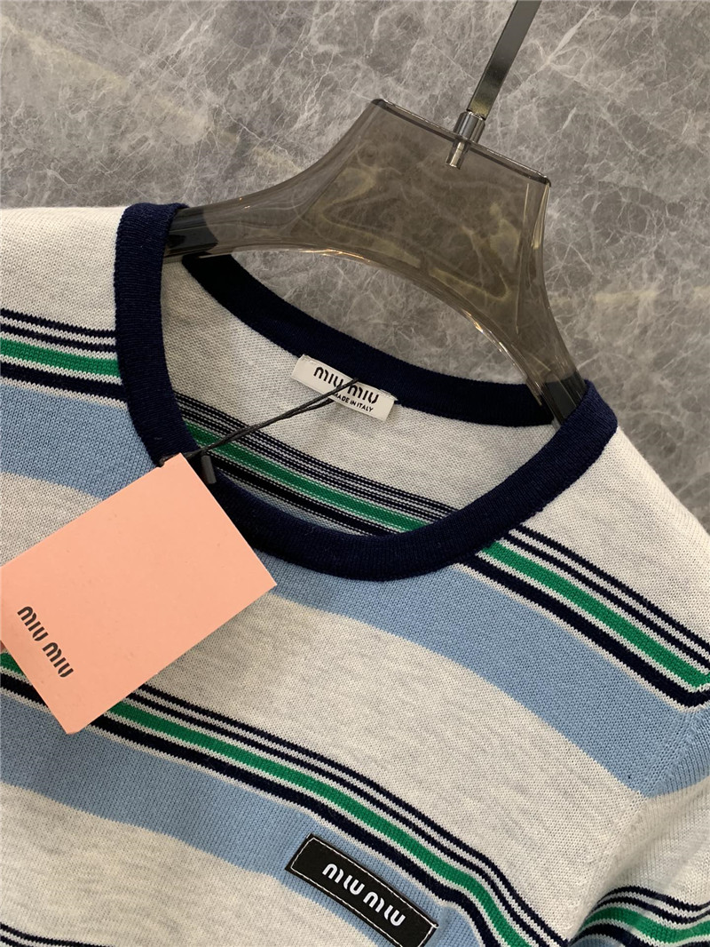 M1um1u round neck striped knitted short-sleeved top replica clothes