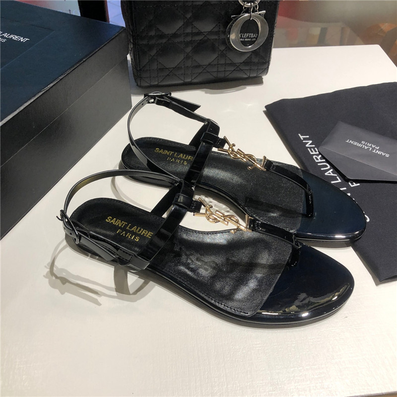 Sa1nt Lau*nt cassandra sandals black and gold patent leather
