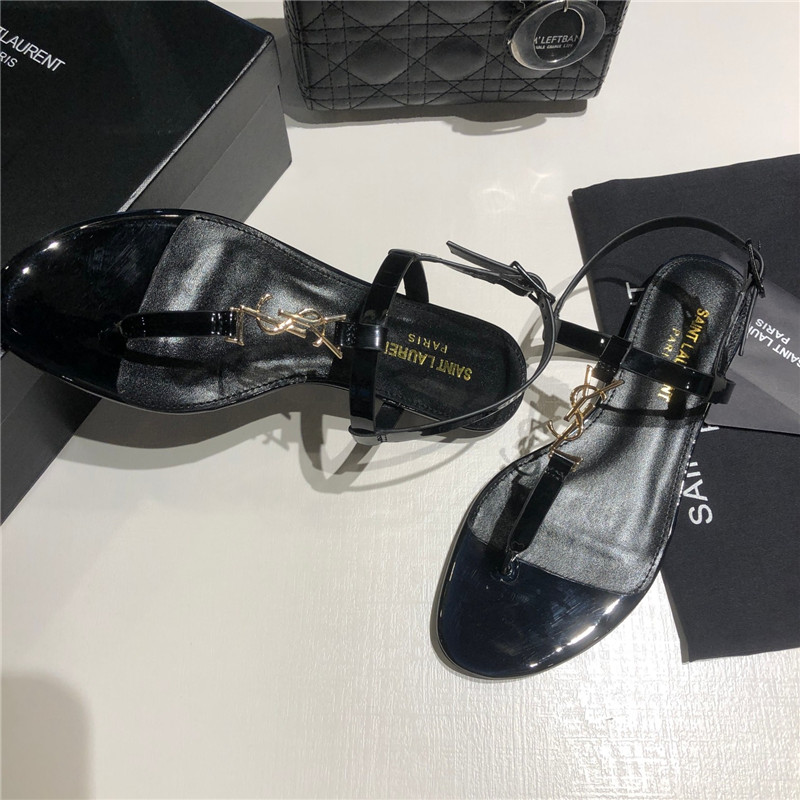 Sa1nt Lau*nt cassandra sandals black and gold patent leather