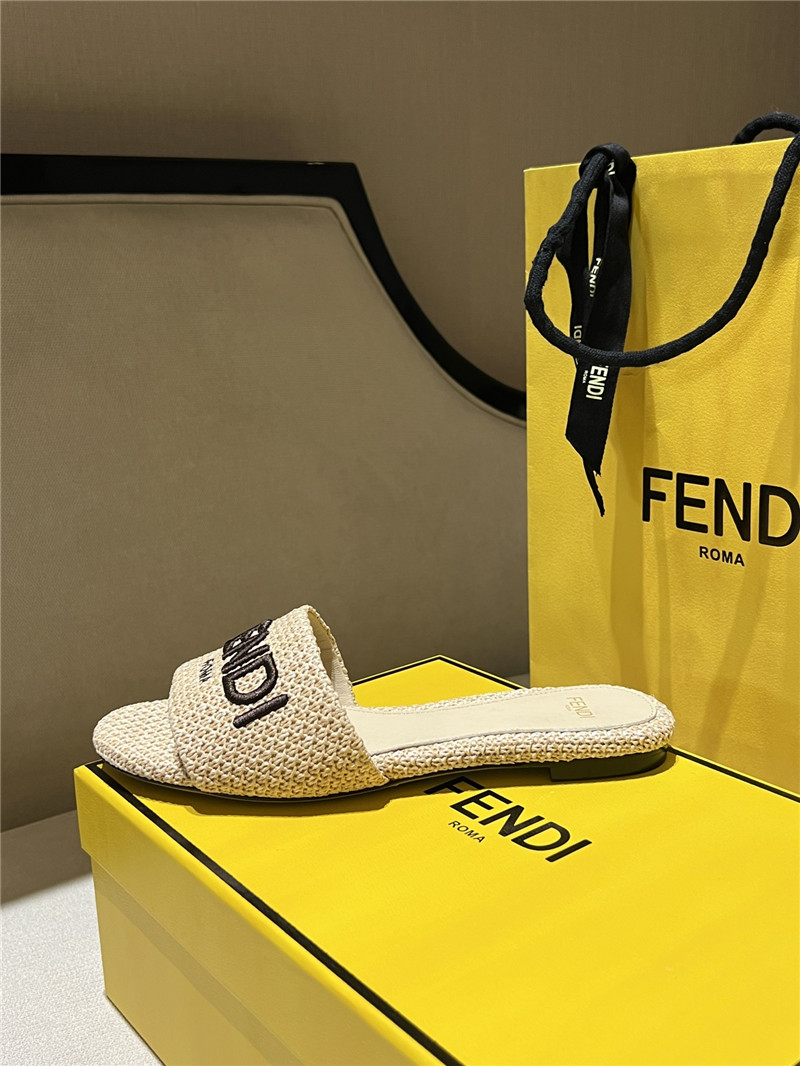 F**di signature fabric beige cotton fiber slides