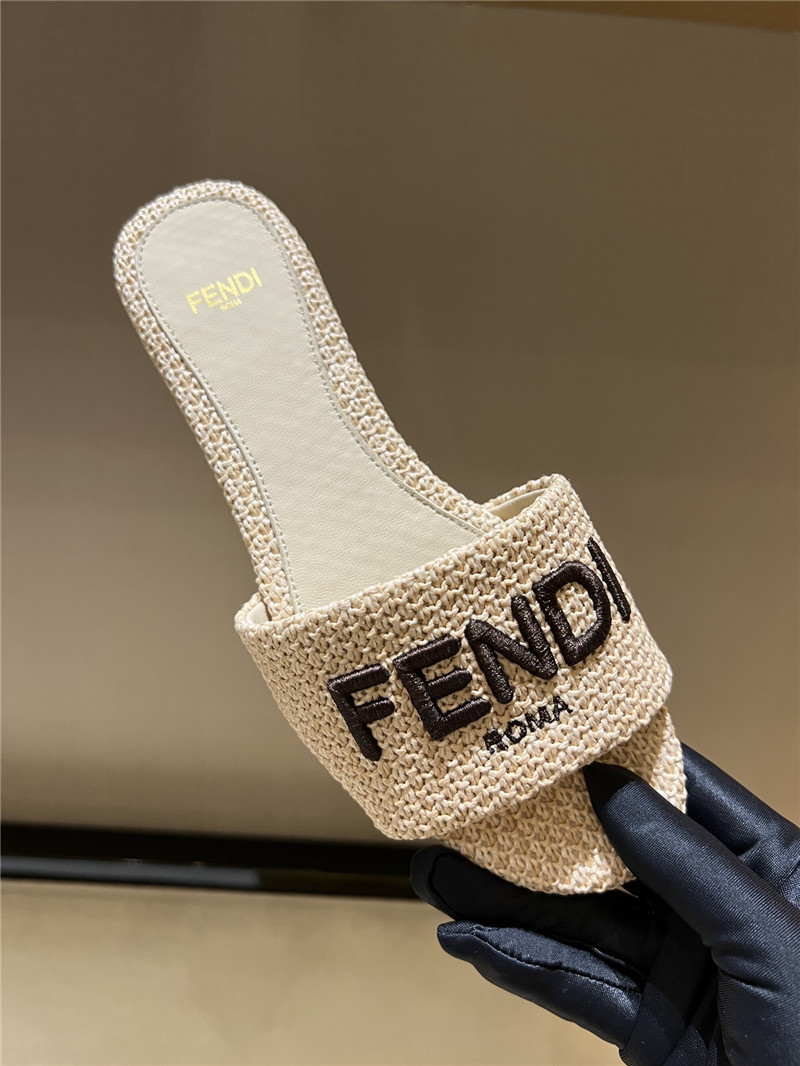F**di signature fabric beige cotton fiber slides