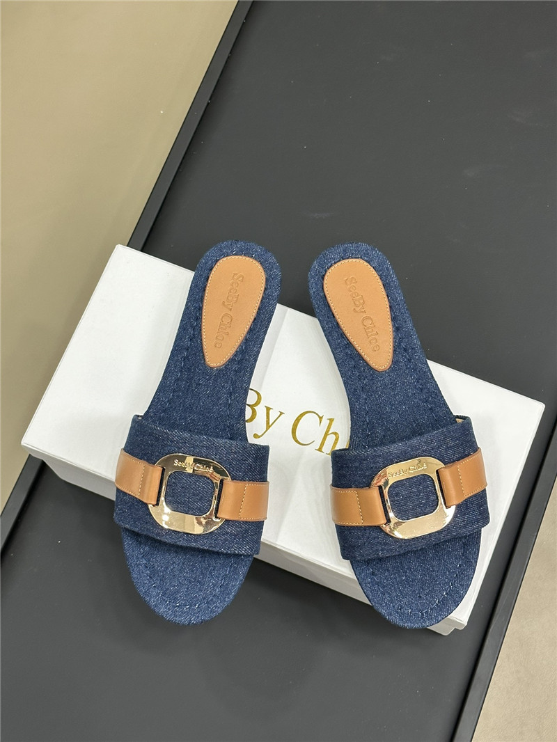 Chloé Klaire Denim Buckle Strap Slides in Blue