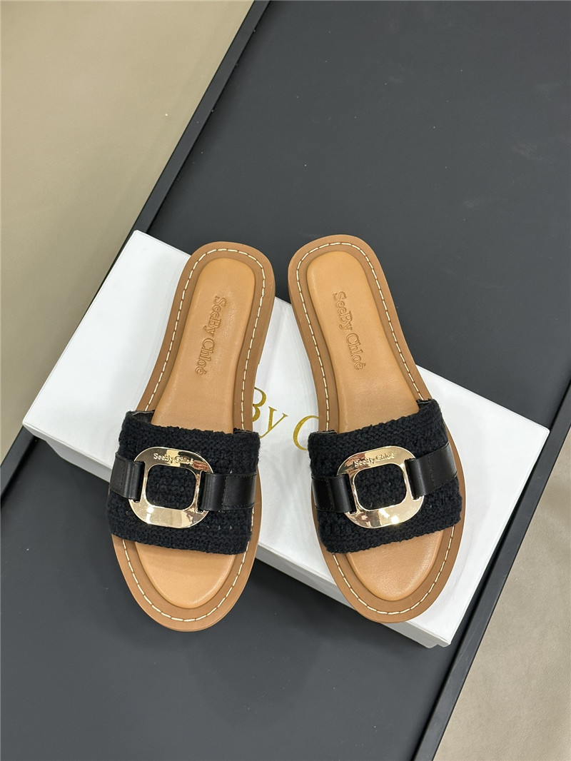 Chloé Crochet Buckle Slides in Black and Beige