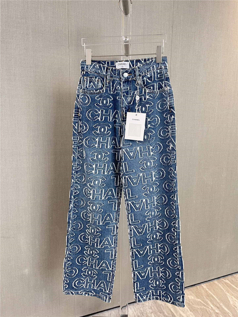 Ch**el patch lettering denim trousers replica clothing