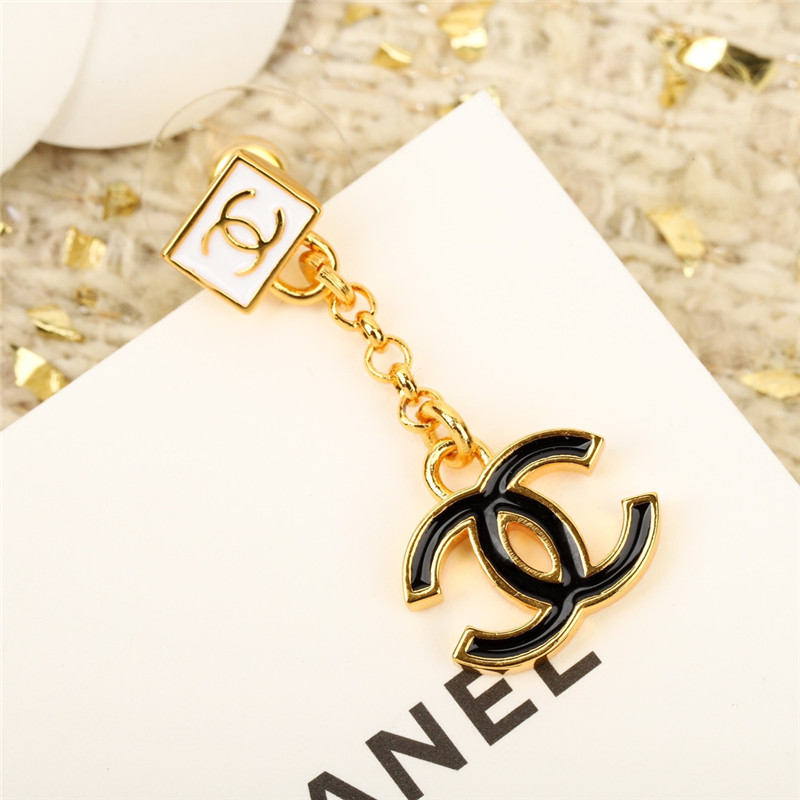 Ch**el white square black gold double c earrings