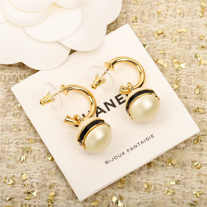 Ch**el pearl bean black enamel double c earrings