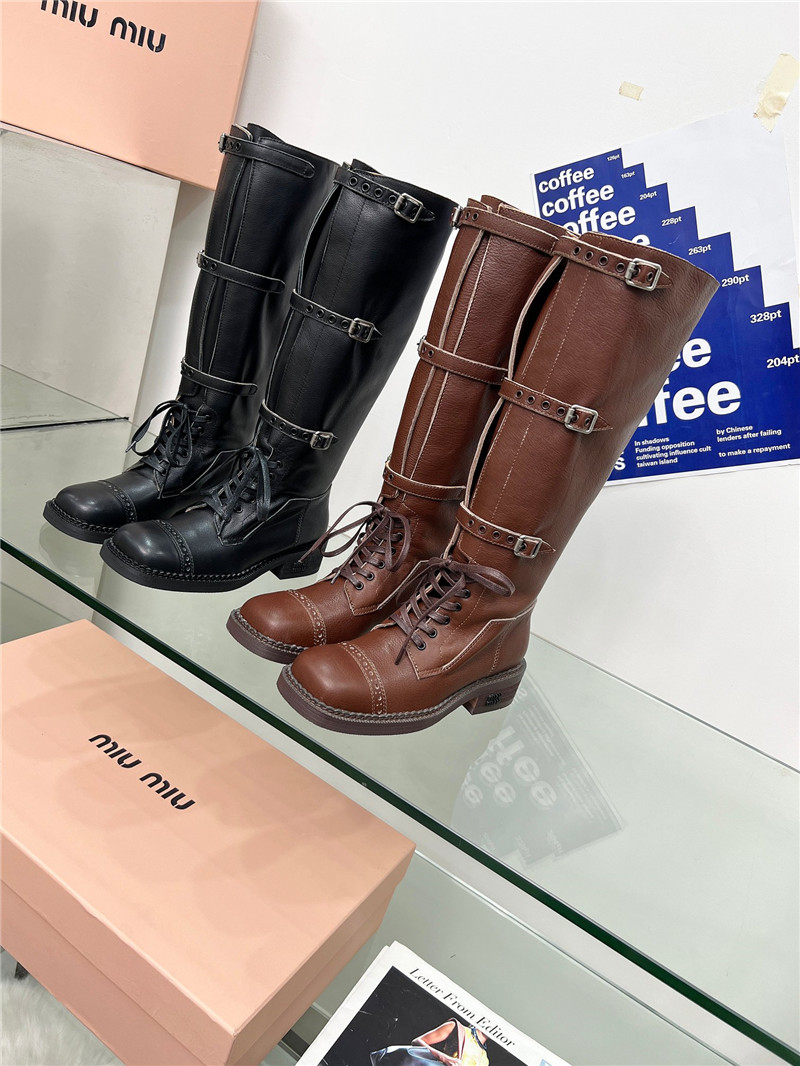 Miu Miu Brown Leather Buckle Up Moto Boots