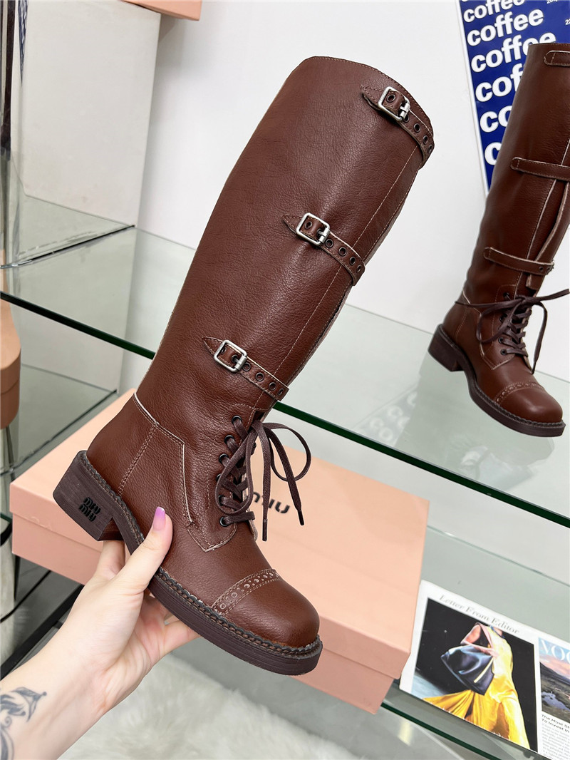Miu Miu Brown Leather Buckle Up Moto Boots