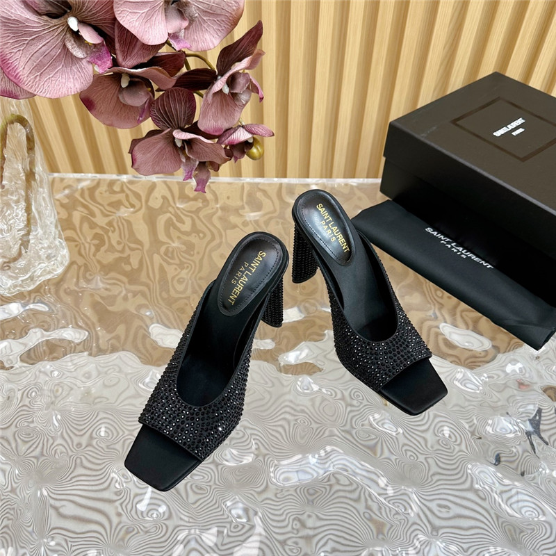 Sa1nt Lau*nt sept satin mules with rhinestones in black