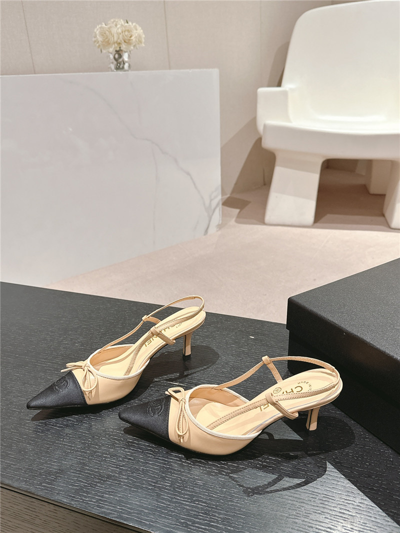 Ch**el bowknot pointed slingback pumps beige and black