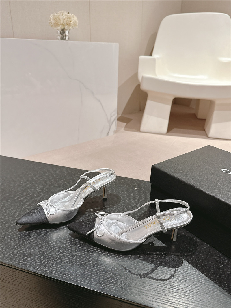 Ch**el bowknot pointed slingback pumps silver and black