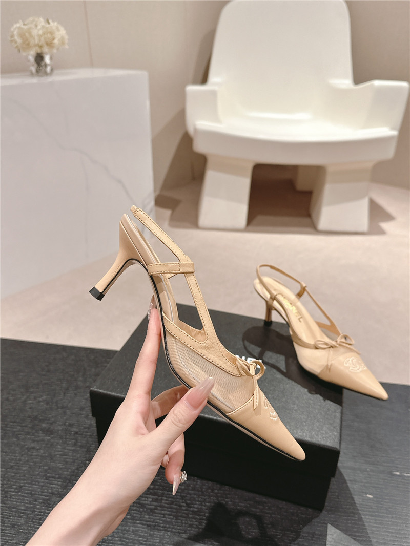 Ch**el beige mesh bowknot pointed slingback pumps