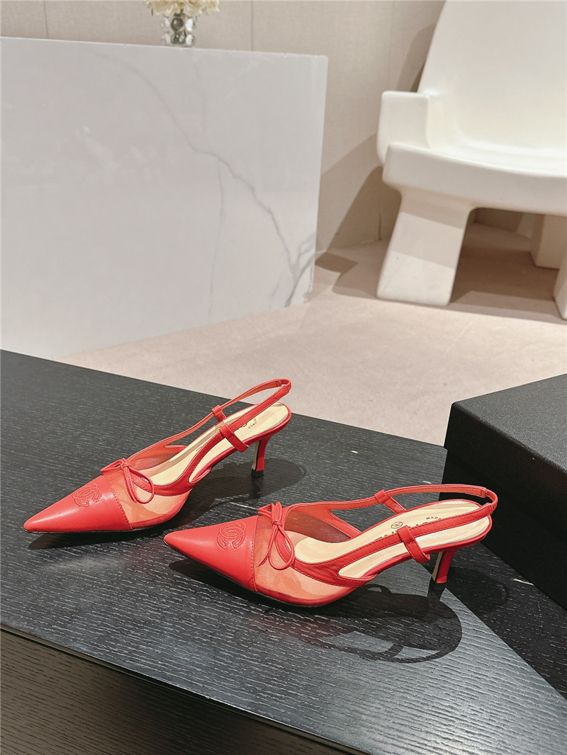 Ch**el red mesh bowknot pointed slingback pumps