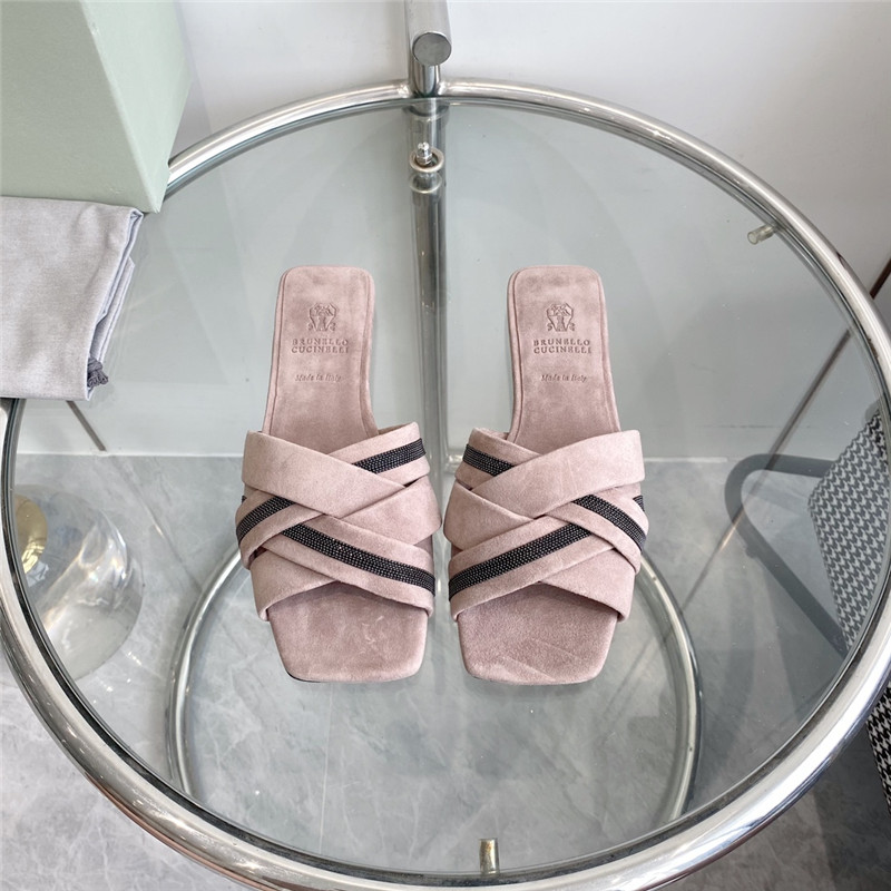 Brunello Cucinelli Beaded Crisscross Slides Beige Suede