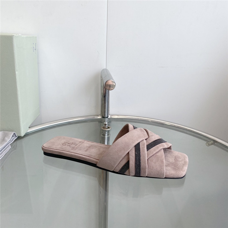 Brunello Cucinelli Beaded Crisscross Slides Beige Suede