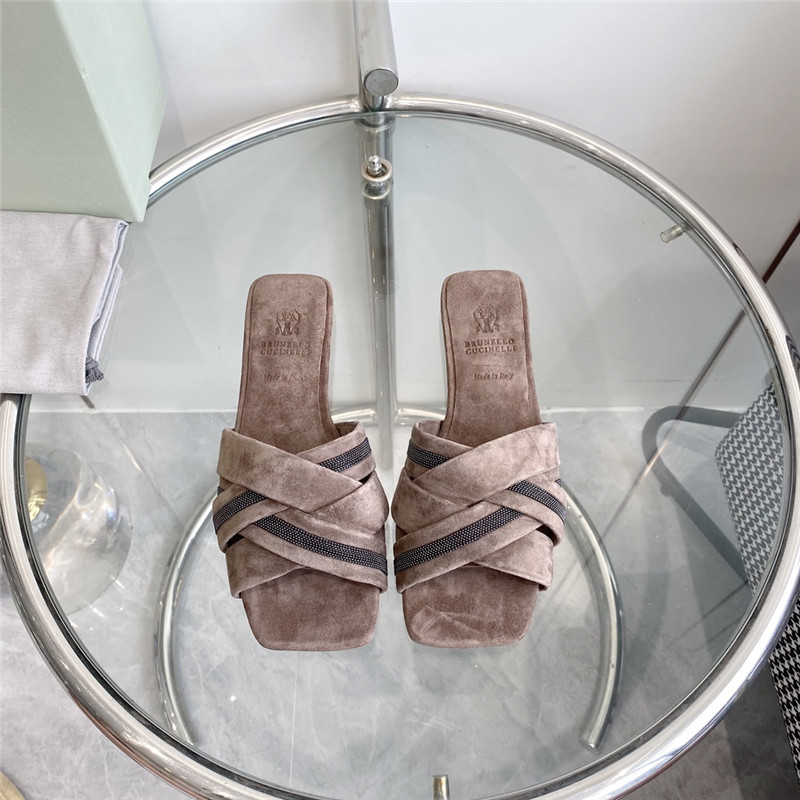 Brunello Cucinelli Beaded Crisscross Slides Brown Suede