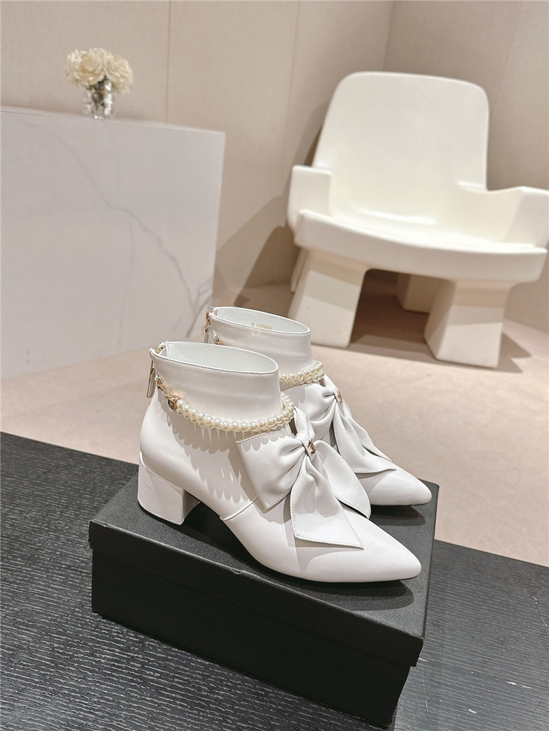 Ch**el white pointed toe bow pearl ankle boots