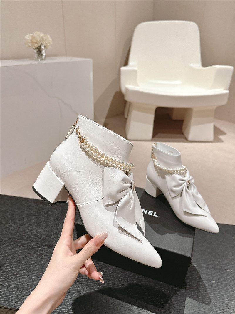 Ch**el white pointed toe bow pearl ankle boots