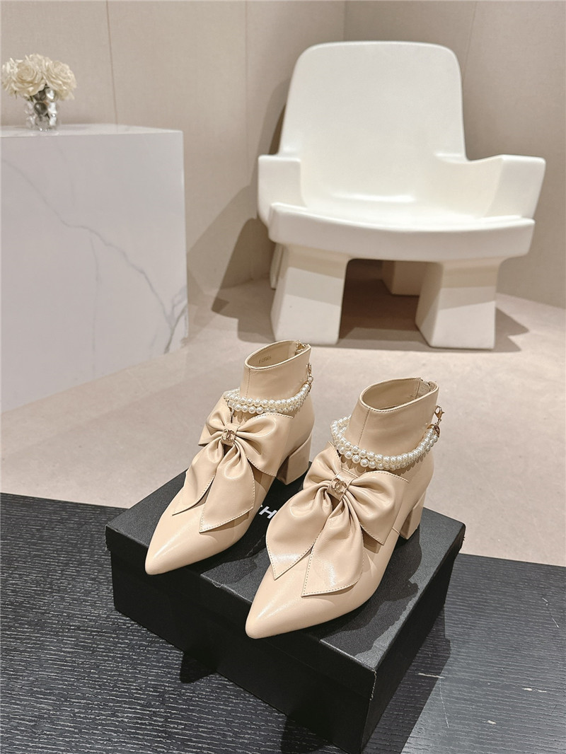 Ch**el beige pointed toe bow pearl ankle boots