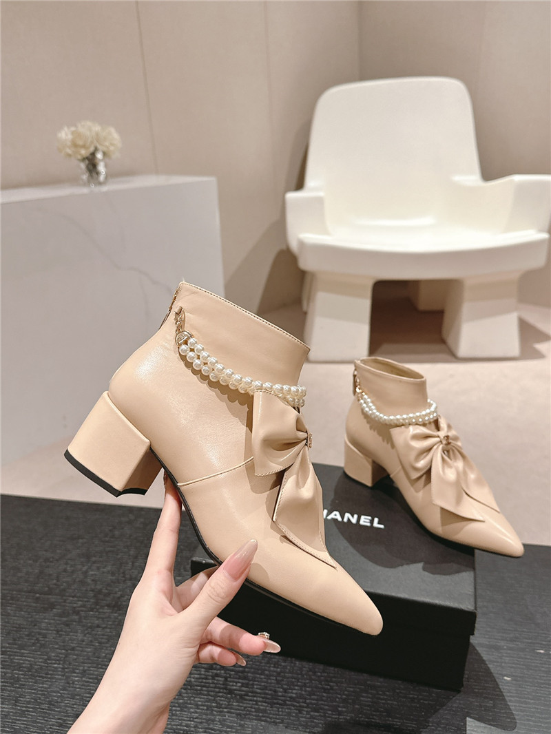 Ch**el beige pointed toe bow pearl ankle boots