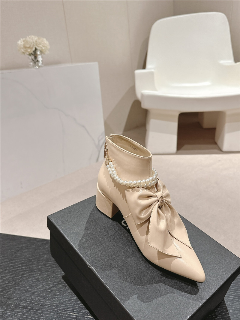 Ch**el beige pointed toe bow pearl ankle boots