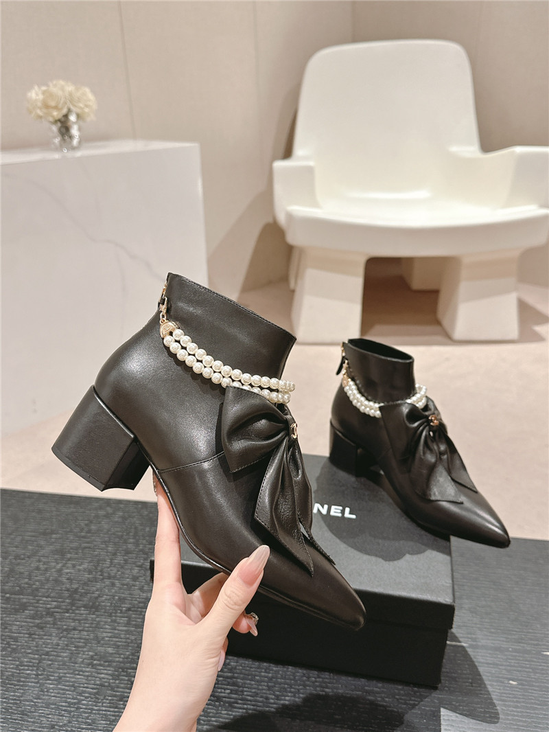 Ch**el white pointed toe bow pearl ankle boots