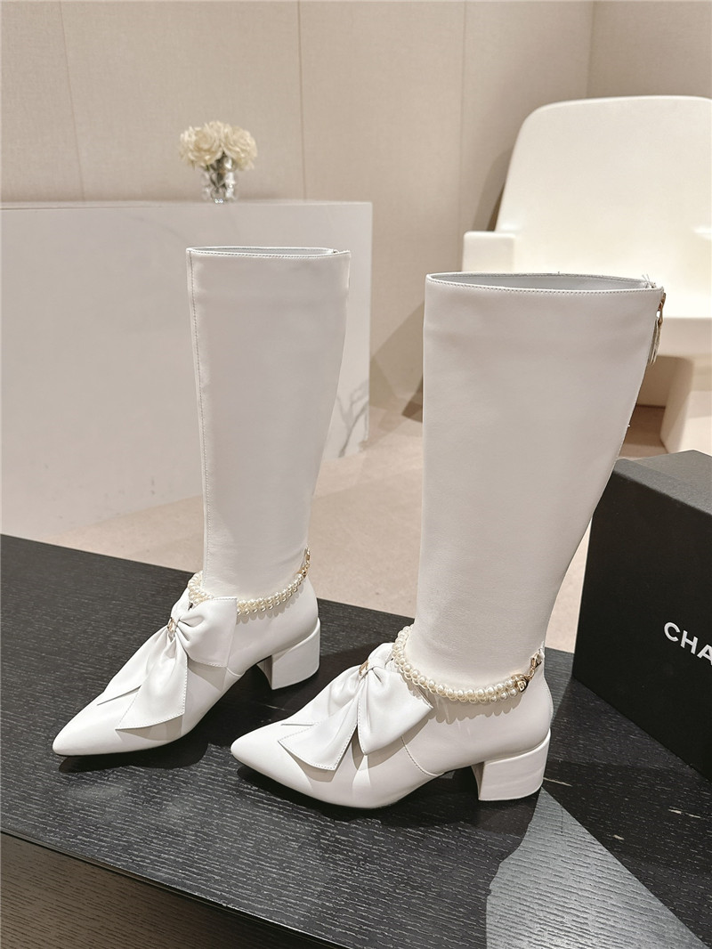 Ch**el white pointed toe bow pearl keen high boots