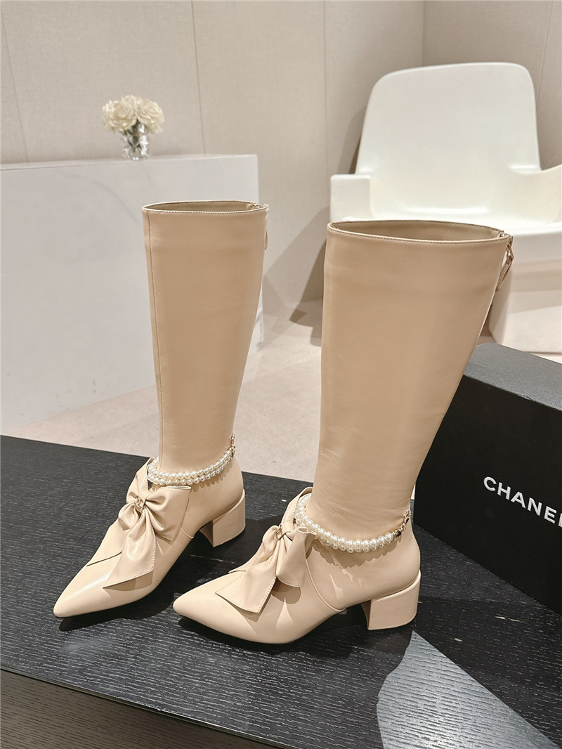 Ch**el beige pointed toe bow pearl keen high boots
